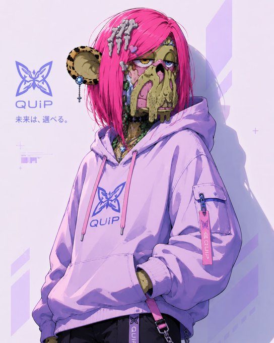 An anime-style illustration of a character with pink hair and a skull-like face wearing a purple 'QUIP' hoodie with a teddy bear accessory.