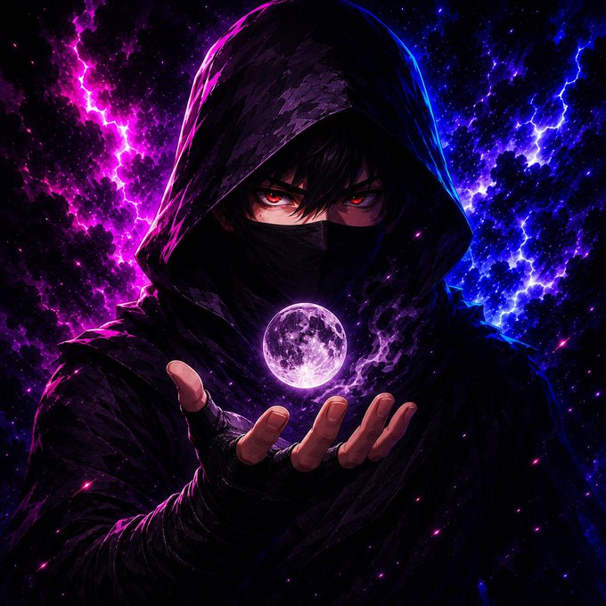 A digital illustration of an anime-style hooded figure wearing a face mask, with glowing red eyes, holding a glowing purple orb against a backdrop of pink and blue lightning.