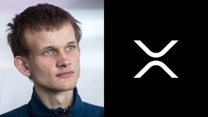 A side-by-side image showing Vitalik Buterin, co-founder of Ethereum, on the left and the XRP cryptocurrency logo on the right against a black background.