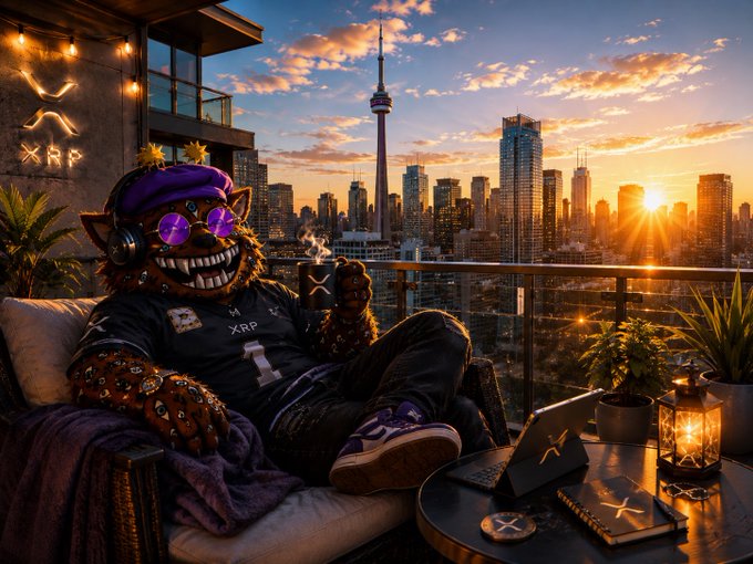 A furry character wearing XRP-branded gear lounges on a rooftop balcony at sunset, with a city skyline featuring the CN Tower in the background and XRP logos visible on clothing, accessories, and a laptop. The image reflects the post's relaxed Monday vibe and celebrates the XRP community heading into the end of June.