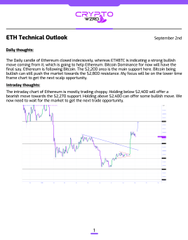 An 'ETH Technical Outlook' document from September 2nd featuring daily and intraday analysis with a candlestick chart of Ethereum's price movement.