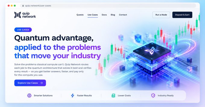 A screenshot of the Quip Network website (quip.network/use-cases) shows a banner reading 'Quantum advantage, applied to the problems that move your industry' alongside a graphic of a quantum computer chip.