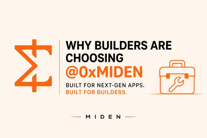 A graphic with a peach background displays the text 'WHY BUILDERS ARE CHOOSING @0xMIDEN BUILT FOR NEXT-GEN APPS. BUILT FOR BUILDERS.' alongside a Z logo and toolbox icon.