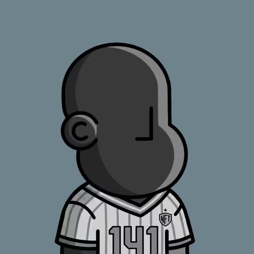 Dark gray stylized profile illustration of a character wearing a white pinstriped baseball jersey with '141' on the front.