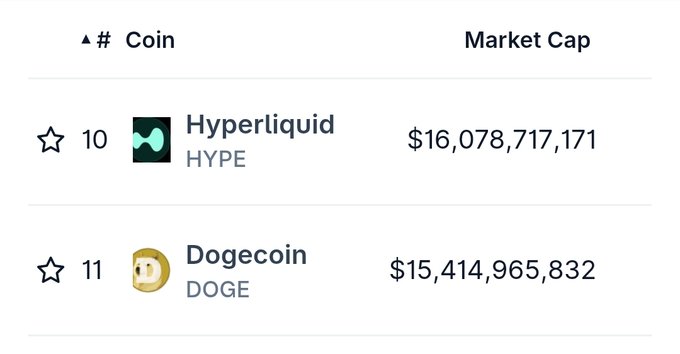 The image shows a screen displaying information about cryptocurrency market capitalization. The top left corner of the screen highlights that the market cap of a particular cryptocurrency, Hyper Liquid, has reached $16,817,717,817. There are two other cryptocurrencies listed on the right side of the screen - hype and dogecoin. The image also contains three stars arranged in a row at the bottom left corner, indicating these coins have been listed among the top 10 market caps.