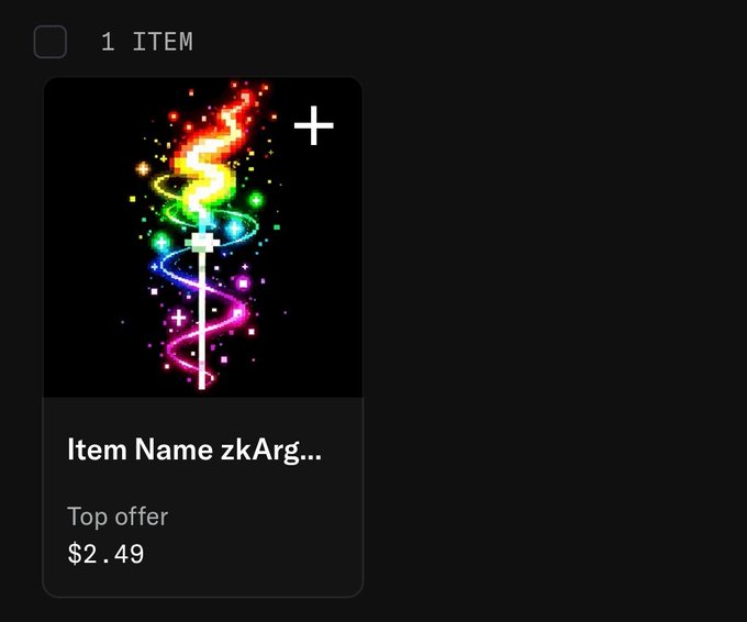 A digital marketplace listing showing a colorful neon sword design with "Item Name zkArg..." and a top offer of $2.49, indicating 1 item is available.