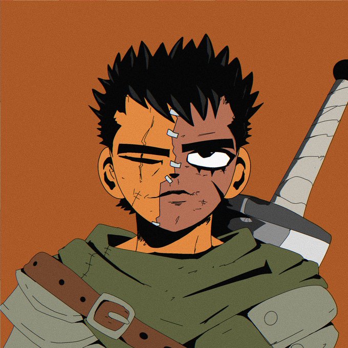 An anime-style illustration of a scarred warrior with spiky black hair, bandages across his face, and a green cloak, carrying a sword on his back against an orange background.
