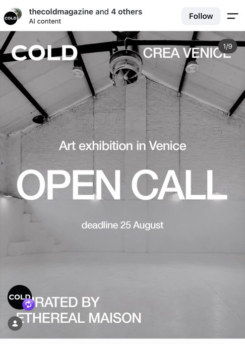 Instagram post by thecoldmagazine announcing an Open Call for an art exhibition in Venice, with a deadline of 25 August, curated by Thereal Maison.