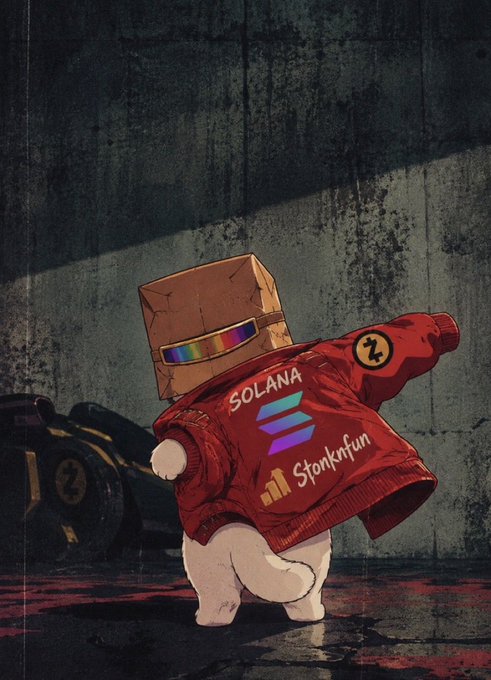 A digital illustration of a small figure wearing a paper bag on its head and a red jacket featuring the "SOLANA" logo and "Stonkifun" text, standing in a dim industrial setting.