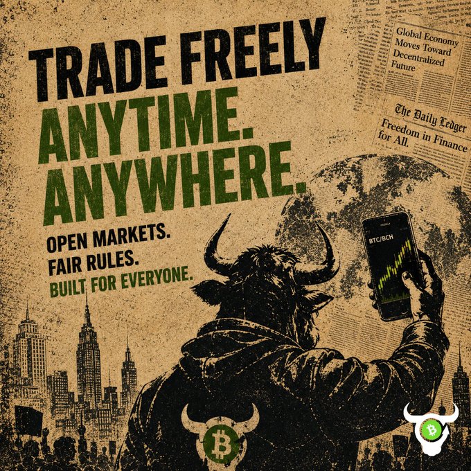 A Bitcoin promotional poster reads 'TRADE FREELY ANYTIME. ANYWHERE.' with slogans 'OPEN MARKETS. FAIR RULES. BUILT FOR EVERYONE.' and includes headlines like 'Global Economy Moves Toward Decentralized Future' and 'Freedom in Finance for All.'