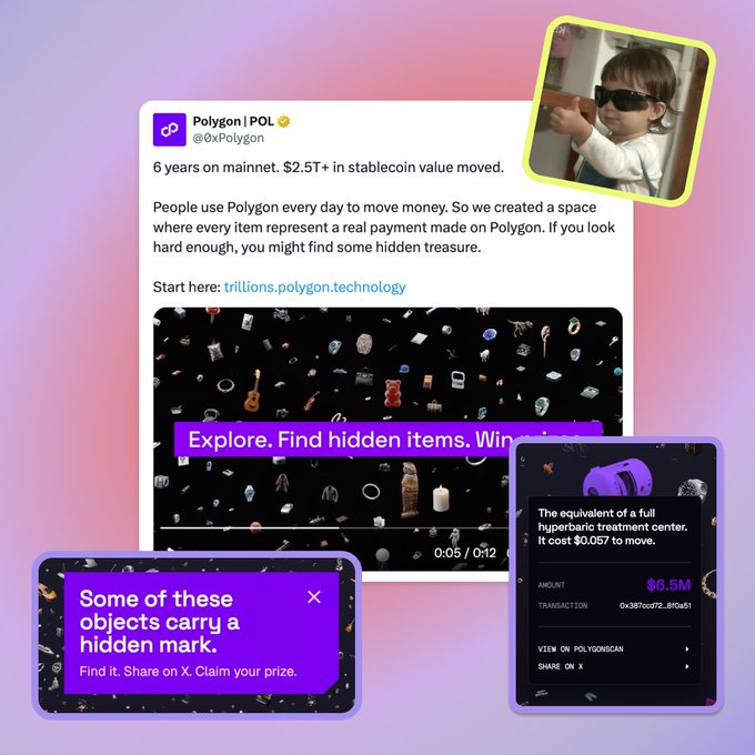 The image shows a collage of different posts related to Polygon, including a social media post with a picture of a little girl playing with her glasses, a post about an Easter egg hunt, and another post discussing the value of $2.5T in terms of cryptocurrency. These posts are arranged in a way that suggests they might be promoting or sharing information about Polygon, its projects, or related activities. The images include a picture of a little girl playing with her glasses on one side and an Easter egg hunt poster on another side, which seem to be connected to the overall theme and discussion around Polygon.