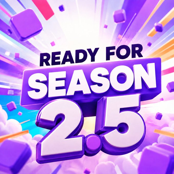 A vibrant purple promotional graphic with 3D bold text reading "READY FOR SEASON 2.5," surrounded by floating cubes, clouds, and colorful light streaks, announcing Quip's upcoming Season 2.5 airdrop and teasing new features on play.quip.gg.