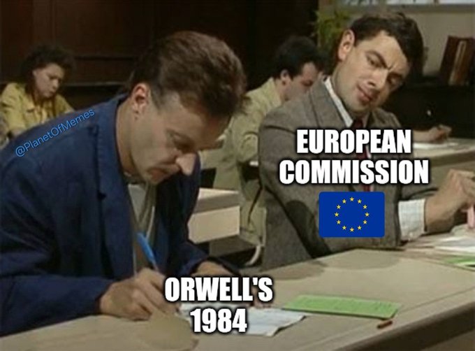 The image shows a group of people sitting at desks with papers in front of them, possibly working or studying. The text in the image reads "European Commission launches massive crypto crackdown €10,000 cash ban. €1,000 crypto KYC threshold. Privacy coins fully banned. AMLR rules take effect July 1, 2023." This post is about a new regulation by the European Union that bans certain cryptocurrencies and requires KYC (Know Your Customer) checks for anyone wanting to use them on EU platforms. The text suggests that this ban will be in place starting from July 1st, 2023.