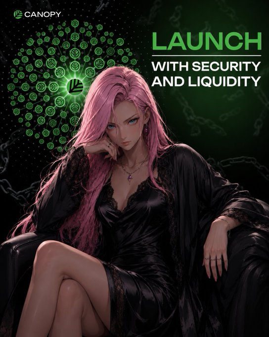 A promotional poster for "CANOPY" featuring an anime-style pink-haired woman in a black lace dress, with the text "LAUNCH WITH SECURITY AND LIQUIDITY" against a dark green background with chain motifs.