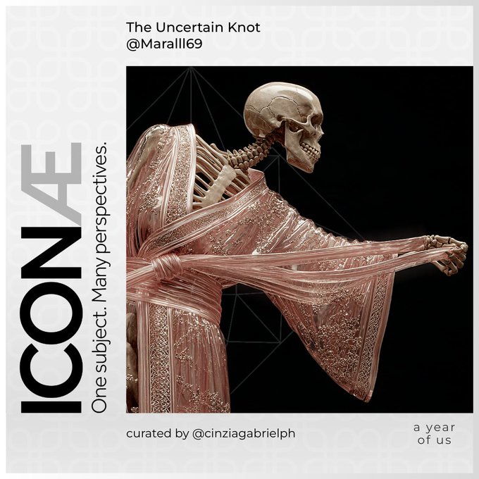 Promotional graphic for "ICONÆ" art collection featuring a striking image of a skeleton draped in an ornate rose-gold garment, with text reading "The Uncertain Knot @Marall69," "curated by @cinziagabrielph," and "a year of us," advertising the upcoming OBJKT launch on September 15 celebrating the collection's first anniversary.