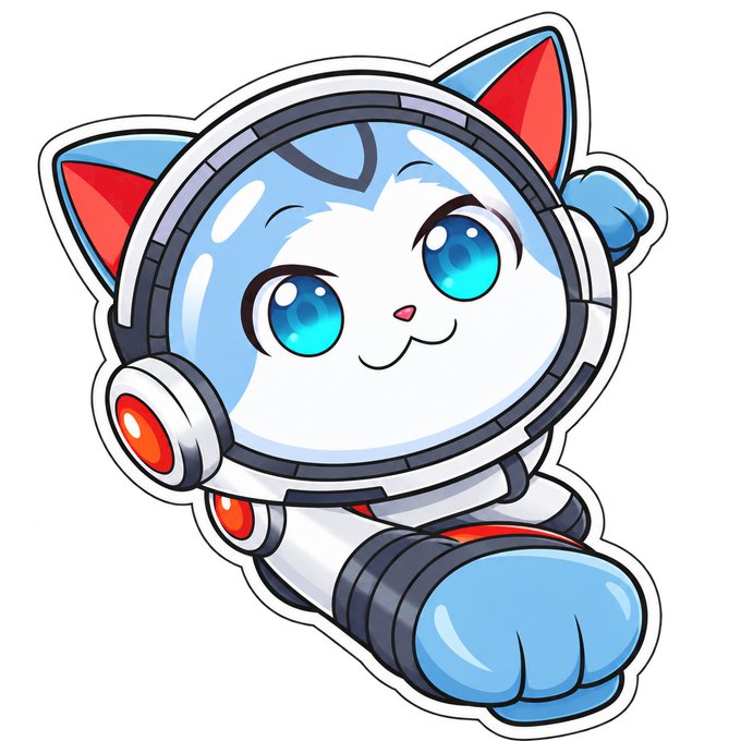 A cartoon illustration depicts a cute white and blue cat character wearing an astronaut helmet and suit.
