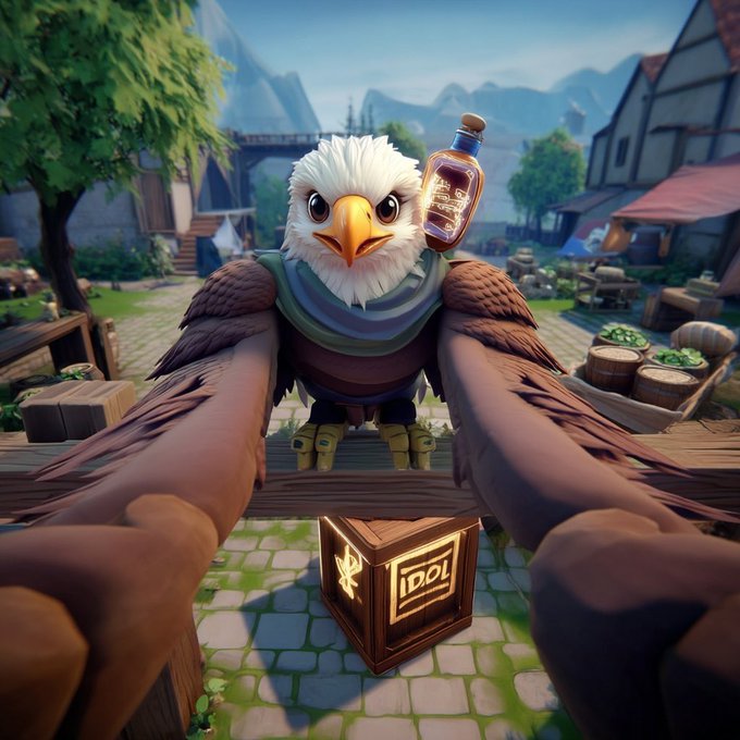 The image features a cartoon eagle holding a bottle of whiskey with its wings spread wide open. The eagle appears to be perched atop a wooden crate, which has the words "idol" written on it. The background shows an outdoor setting with trees and buildings, giving the impression that the scene takes place in a park or similar public space.