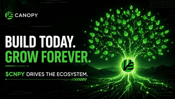A cryptocurrency-themed graphic for 'CANOPY' with the text 'BUILD TODAY. GROW FOREVER.' and '$CNPY DRIVES THE ECOSYSTEM,' featuring a glowing green digital tree.
