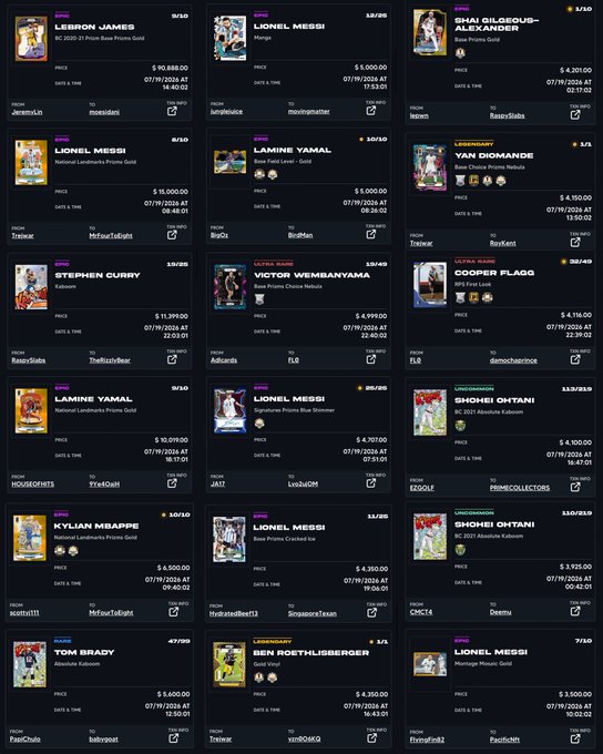 An NFT marketplace listing showing digital collectibles of athletes including LeBron James, Lionel Messi, Shai Gilgeous-Alexander, Stephen Curry, Victor Wembanyama, Cooper Flagg, Lamine Yamal, Shohei Ohtani, Kylian Mbappe, Tom Brady, and Ben Roethlisberger with various prices.