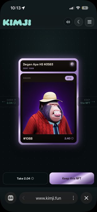 A mobile screenshot of the Kimji NFT platform displays a "Degen Ape HS #3583" Epic card (edition 1068) for 2.04, showing a cartoon ape in a red jacket and straw hat, with options to "Take 2.04" or "Keep this NFT"—aligning with the post about pulling a Bodoggos NFT to grow their Kimji collection.