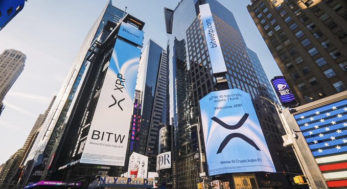 Billboards in Times Square display advertisements for Bitwise 10 Crypto Index ETF (BITW), welcoming XRP and other tokens to top US crypto indices.