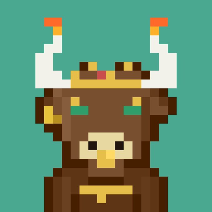 A pixel art illustration of a brown character with large white horns and a gold crown against a teal background.