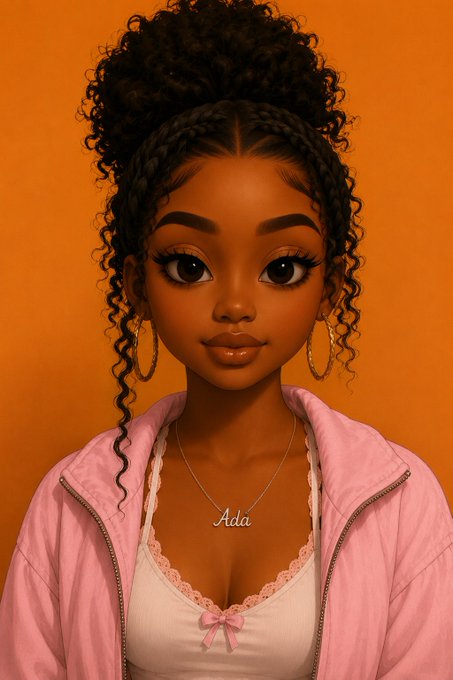 A stylized portrait of a young Black woman with curly hair in a high ponytail, wearing a pink jacket and a name necklace reading "Ada," set against an orange background.