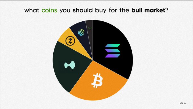 A pie chart titled "what coins you should buy for the bull market?" displays cryptocurrency token logos, with BTC (Bitcoin) shown in the largest orange segment and SOL (Solana) in a major dark segment, alongside smaller slices for Zcash, Harmony, and Celestia.