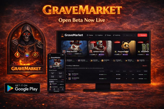 A fiery red-and-orange promotional graphic for 'GRAVEMARKET — Open Beta Now Live,' showcasing a hooded grim reaper character on the left, alongside a desktop and mobile mockup of the NFT marketplace interface listing collections like 'Dead Bunniez,' 'Solana Deadz,' 'PandasOnSol,' and 'DEADMOJI,' with a 'GET IT ON Google Play' badge.
