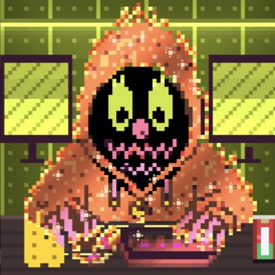 A pixel art illustration of a hooded figure with a skeletal green face sitting in front of computer monitors with test tubes nearby.