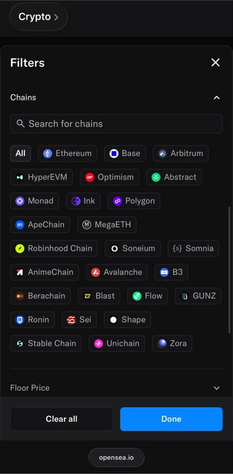 A dark-themed OpenSea filters panel displays a "Chains" section with various blockchain options including Ethereum, Base, Arbitrum, HyperEVM, Optimism, Abstract, Monad, Ink, Polygon, ApeChain, MegaETH, Robinhood Chain, Soneium, Somnia, AnimeChain, Avalanche, B3, Berachain, Blast, Flow, GUNZ, Ronin, Sei, Shape, Stable Chain, Unichain, and Zora. The image illustrates the post's claim that OpenSea has now added the "Stable Chain" to their supported blockchains.