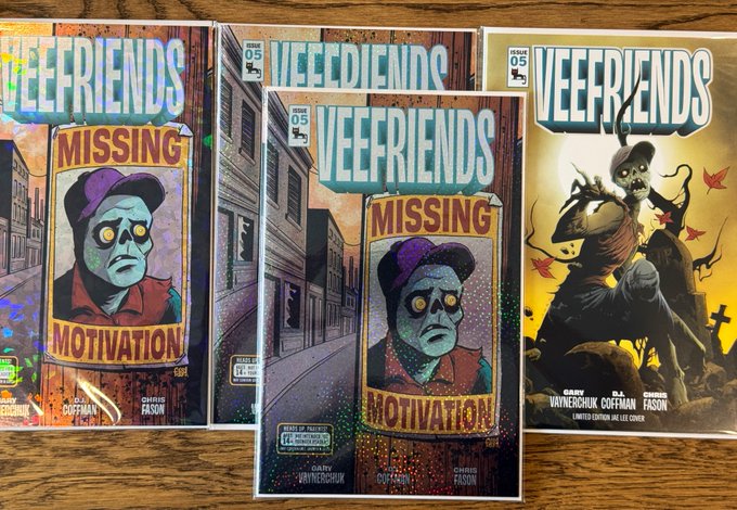 Four copies of 'VEEFRIENDS' comic books, Issue 05, by Gary Vaynerchuk, featuring a 'Missing Motivation' cover with a zombie-like character.