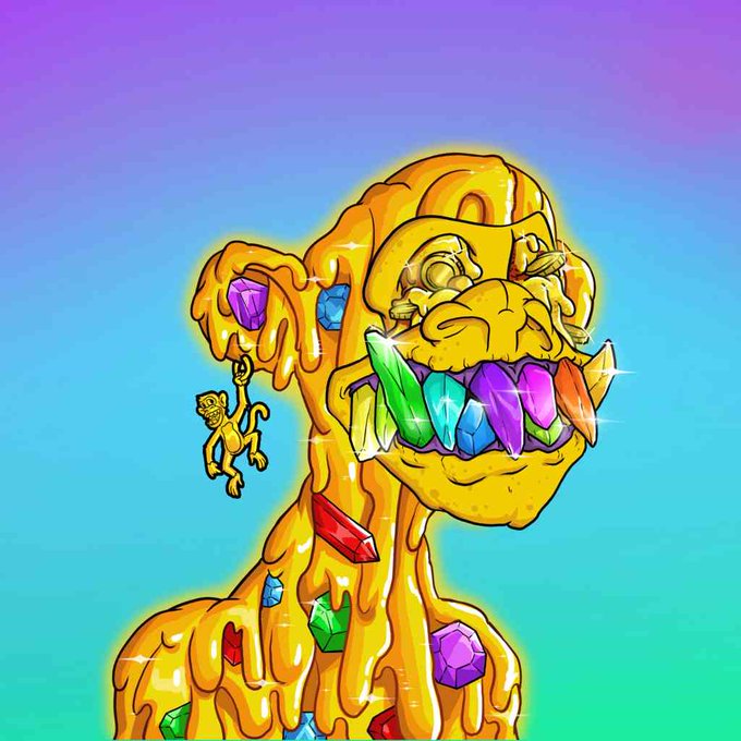 A psychedelic digital illustration of a melting golden/yellow ape-like creature covered in colorful gemstones, with a small monkey charm hanging from one ear, set against a purple-to-cyan gradient background.