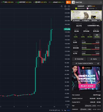 A crypto trading chart displays the token CAW/META on the CashBet platform, showing a price surge from around $40 to $120.2K with a +197.4% increase. The accompanying post about "Solana mfers" vamping everything launched on other chains appears unrelated to the displayed chart, which shows the CashBet token (CAW), not a Solana-based project.