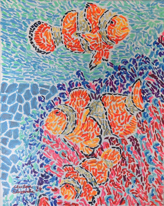 A colorful, mosaic-style painting depicts clownfish swimming among coral, rendered in bright reds, oranges, blues, and greens.