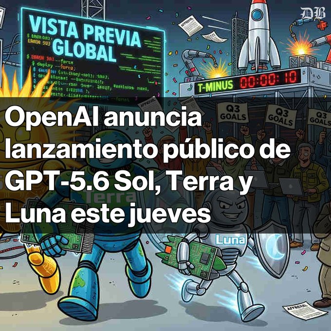 A cartoon-style illustration with Spanish text 'OpenAI anuncia lanzamiento público de GPT-5.6 Sol, Terra y Luna este jueves,' depicting robots named Terra and Luna at a tech event with a countdown timer and a rocket.