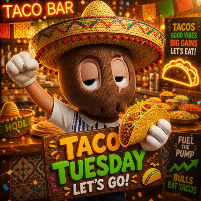 A colorful promotional image featuring a furry character in a sombrero holding a taco at a 'TACO BAR', with text reading 'TACO TUESDAY LET'S GO!' and 'BULLS EAT TACOS'.