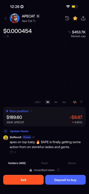 A mobile app screenshot showing the APECAT (Ape Cat) token page displaying a price of $0.000454 and market cap of $453.7K, with a portfolio position showing -$9.87 (-4.95%) on 383K APECAT.