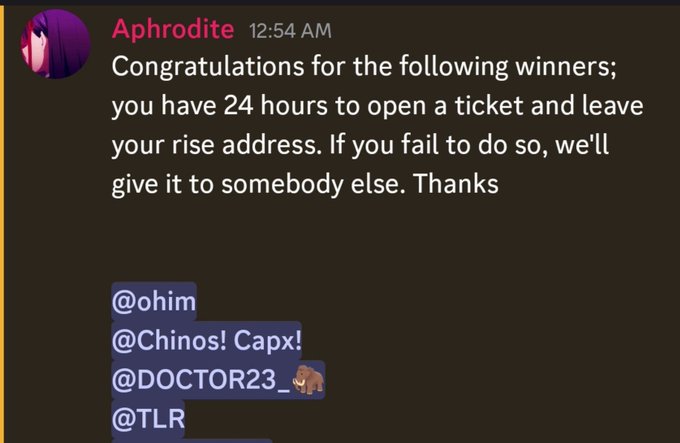 A Discord message from user 'Aphrodite' announcing winners of a giveaway and tagging @ohim, @Chinos! Capx!, @DOCTOR23_, and @TLR with a 24-hour deadline to claim.