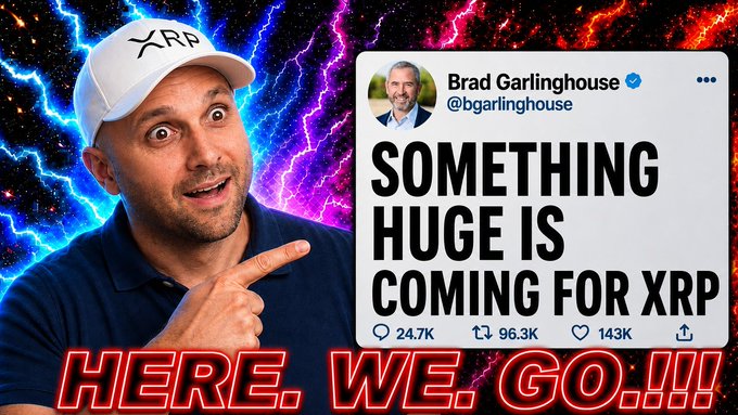 The image is a YouTube thumbnail featuring a man in an XRP cap pointing excitedly at a tweet from Brad Garlinghouse (@bgarlinghouse) reading "SOMETHING HUGE IS COMING FOR XRP," with bold red text below declaring "HERE. WE. GO.!!!"—aligning with the post's bullish sentiment about the Bank for International Settlements' paper highlighting the XRP Ledger's superior technical performance against US and Canadian government infrastructure.