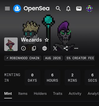 An OpenSea NFT collection page for 'Weizards' on Robinhood Chain, showing an August 2026 mint countdown of 0 days, 6 hours, 2 minutes, and 6 seconds.