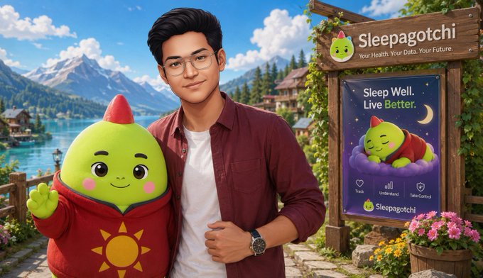 An AI-generated promotional image for 'Sleepagotchi' showing a young man with glasses standing next to a green mascot character and a 'Sleep Well. Live Better.' sign.