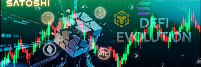 A promotional graphic titled 'DEFI EVOLUTION' featuring cryptocurrency symbols (BTC, ETH), a central 3D cube breaking apart, and green and red candlestick chart graphics.