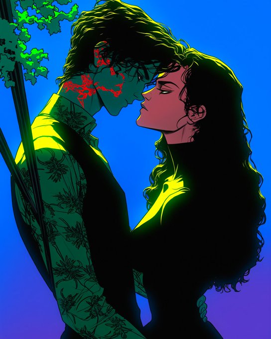 A vibrant illustration of a green-skinned figure and a human woman in an intimate embrace, rendered in bold yellow, green, and blue tones against a blue sky.