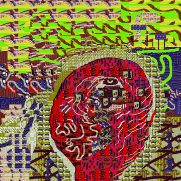 A vibrant, psychedelic digital artwork featuring a distorted red face composed of swirling pixelated patterns and green/purple background imagery reflects the theme of "loss of language" through its chaotic, unintelligible visual fragmentation. The piece, minted on SuperRare by @ttiimmees and collected by @BitGrateful, visually evokes communication breakdown through its glitchy, language-like textural elements scattered across the canvas.