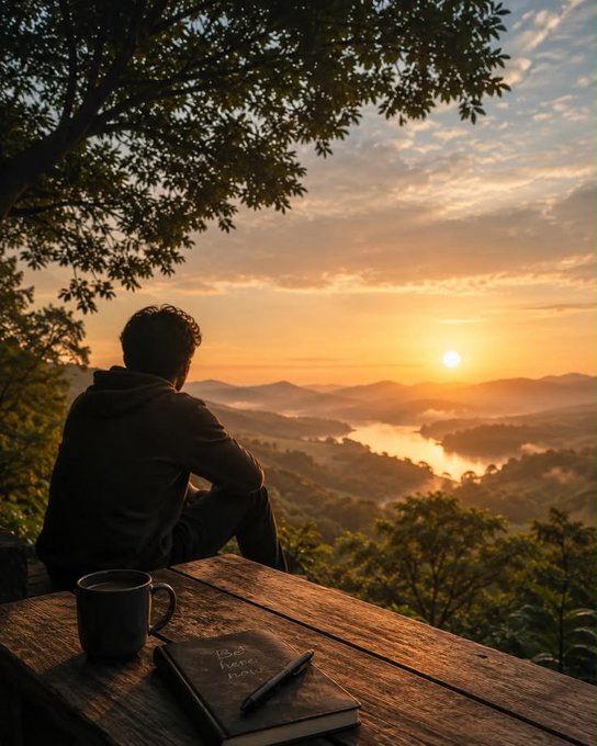 A person sits on a wooden deck looking out over a misty mountain landscape at sunset, with a coffee mug and notebook resting on the table beside them.