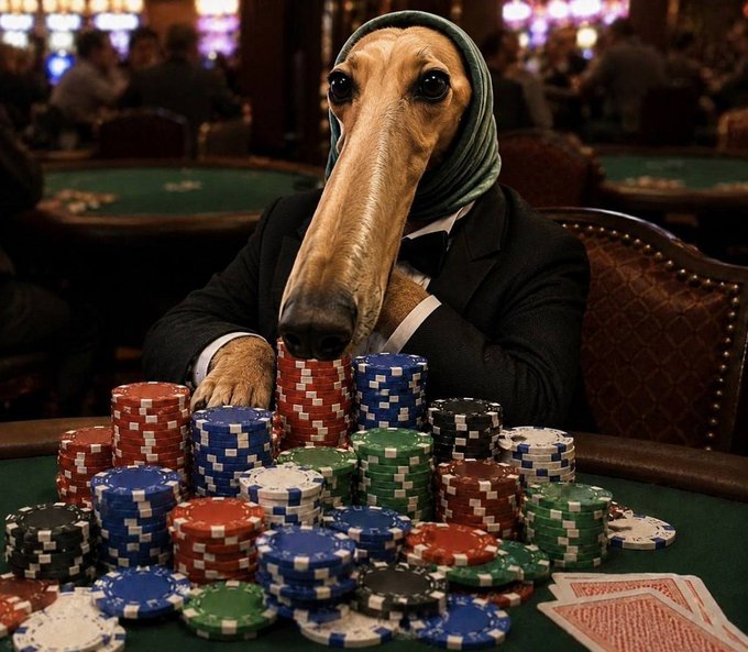 A dog wearing a green hooded scarf and a black suit jacket sits at a poker table surrounded by towering stacks of red, blue, green, black, and white chips, with playing cards visible in the foreground. The image humorously illustrates the "down to the last play" caption by depicting the dog as a high-stakes gambler ready to go all-in.
