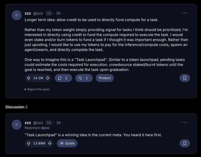 The image shows two social media posts from user @zzz proposing a "Task Launchpad" concept where tokens can be staked or burned to directly fund and execute computational tasks (like AI inference) rather than just signaling task priority through upvotes, comparing the idea to a token launchpad for AI compute. This relates to the accompanying post by expanding on how ZZZ tokens could fund AI API credits and task execution through community staking mechanisms.