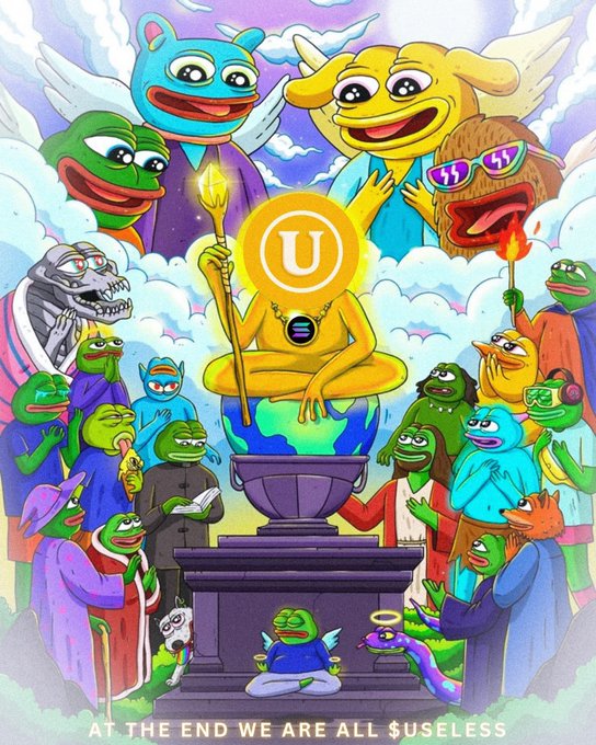 Illustration depicting a religious-style gathering of various Pepe the Frog variants worshipping a central golden Pepe with a 'U' symbol, with the caption 'AT THE END WE ARE ALL $USELESS.'