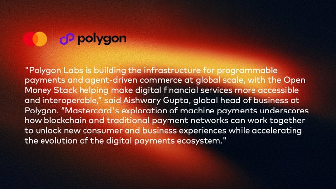 The image features a dark background with a red logo that reads "Polygon" and an orange logo for "Mastercard". The text below the logos discusses the concept of Agent Pay, which involves payments moving into the background at machine speed and massive scale. This new payment system is being introduced by Mastercard as part of their efforts to bring structure, governance, and trust to this emerging class of payments.